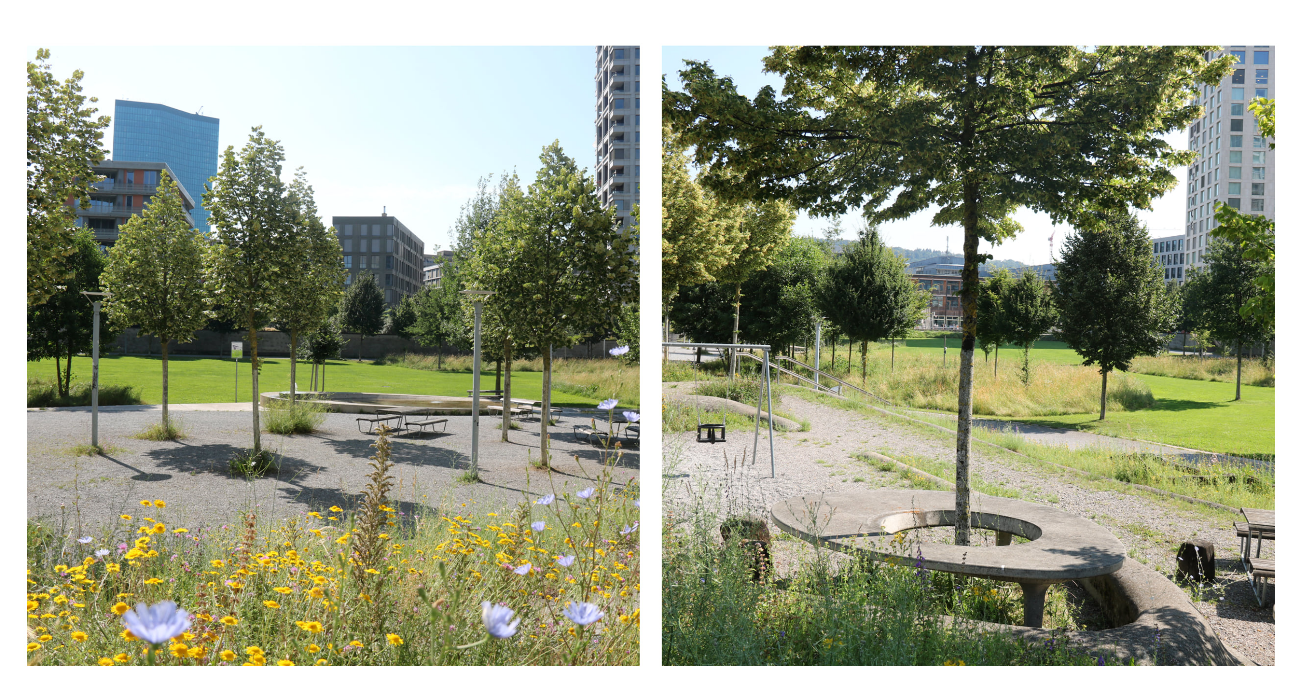 Two views of the park at Pfingstweid Park in Zurich, Switzerland showing trees and flora.